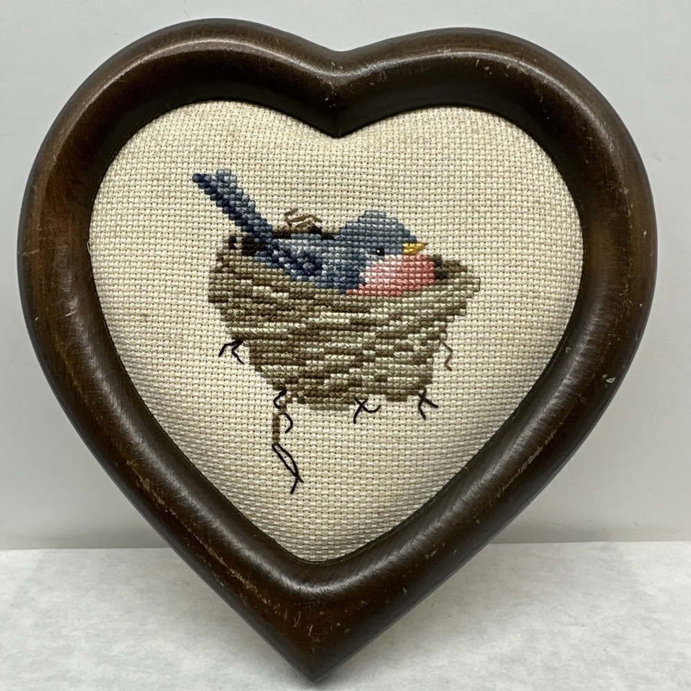 Cross Stich Blue Bird Bluebird Nest Wood Heart Framed Finished Embroidered VTG